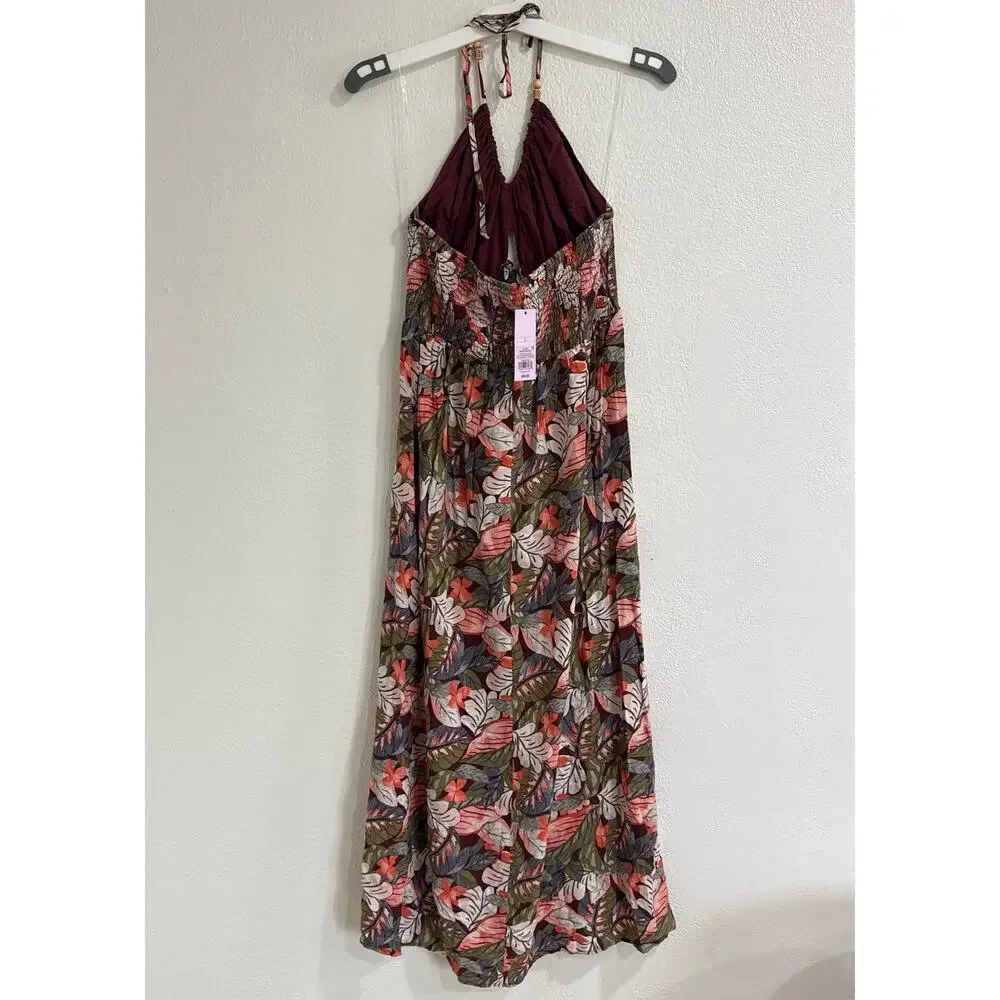 NWT Wild Fable Tropical Floral Halter Maxi Dress Cutout Smocked Boho Size Large - Picture 5 of 7